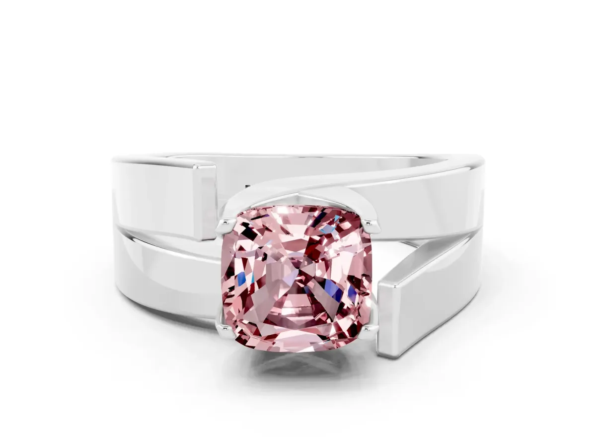 Modern Tension Set Cushion Cut Morganite Solitaire Wide Band Ring Silver