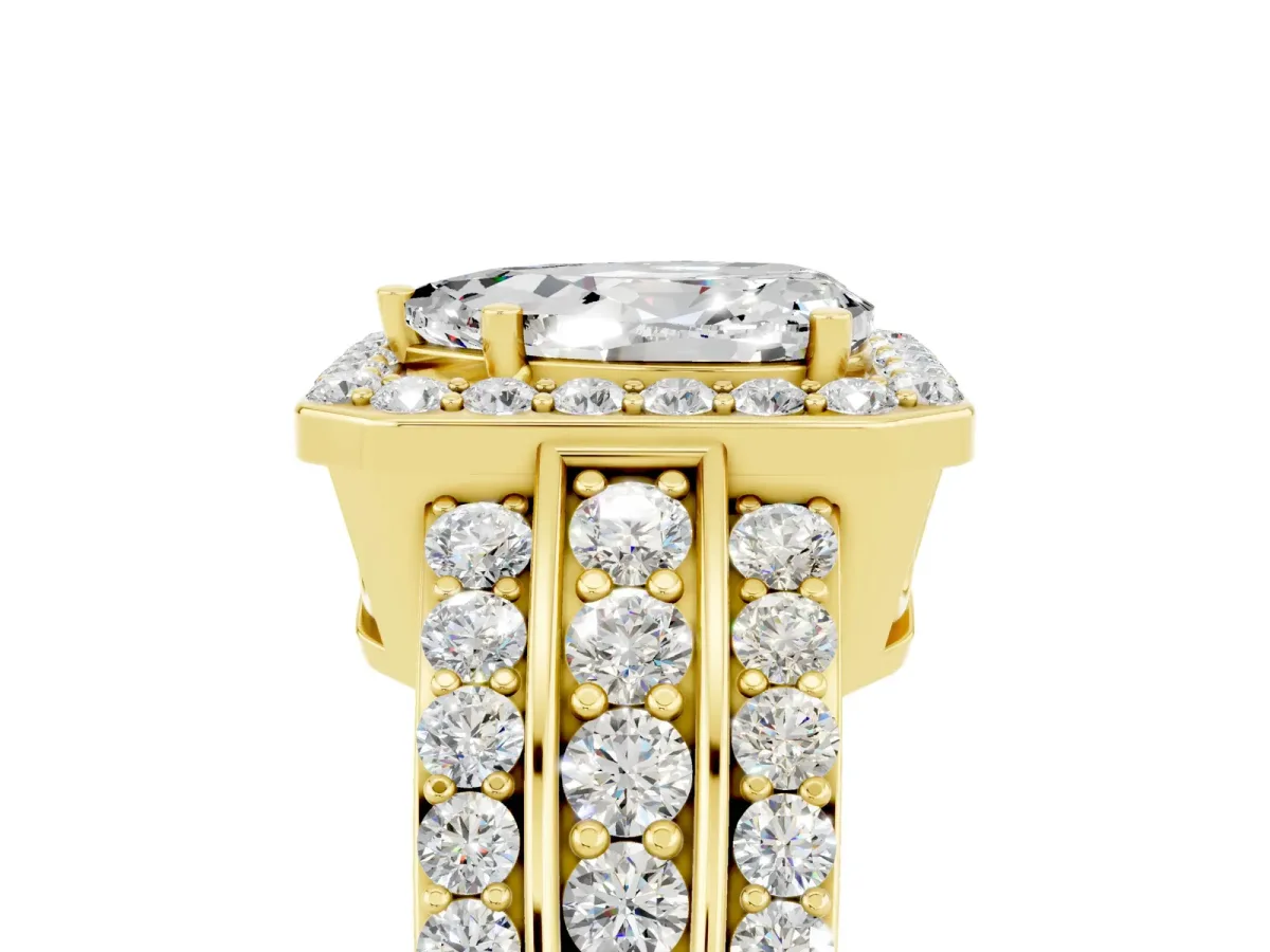 Pear Cut Halo Moissanite Ring with Round Split Shank and Prong Setting Yellow gold
