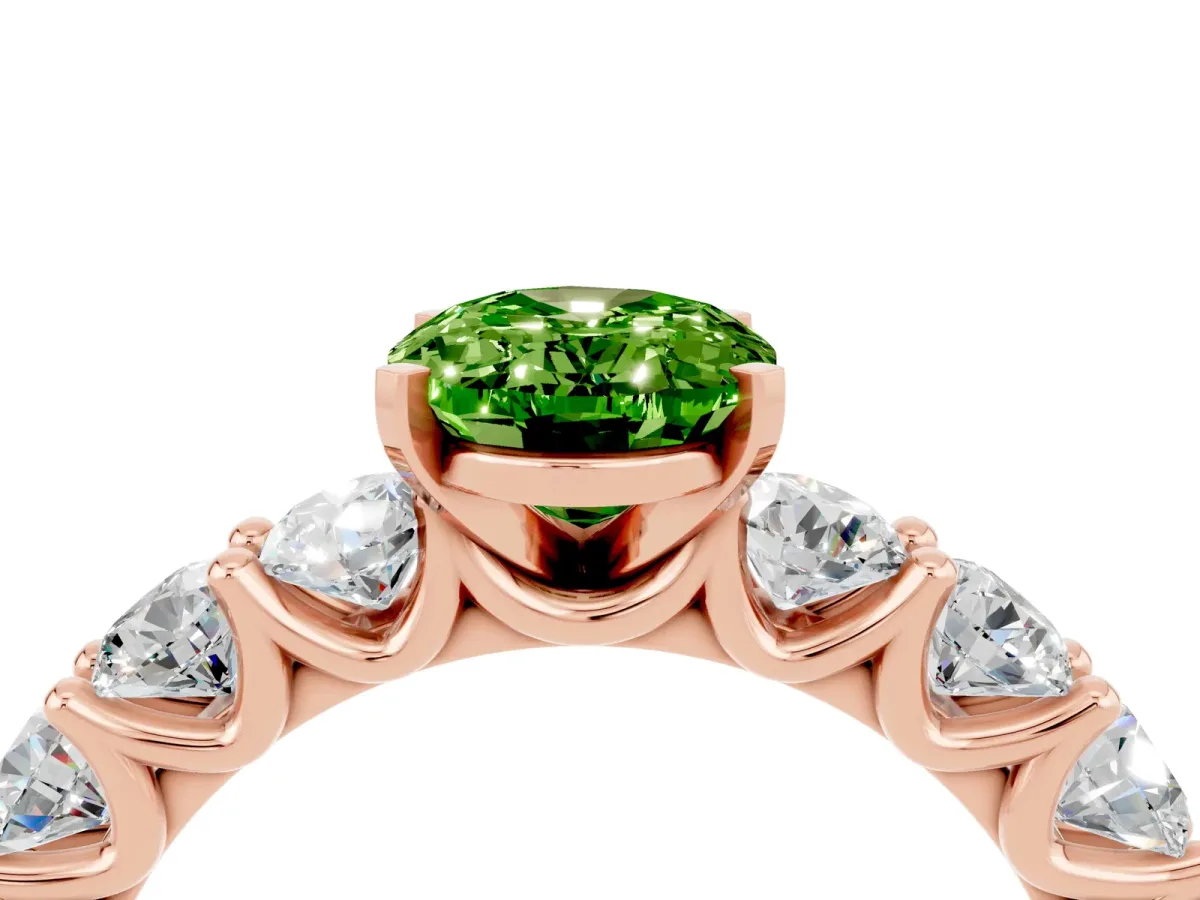 Oval Cut Peridot Prong Setting with Side Stones on a Pave Band Rose gold