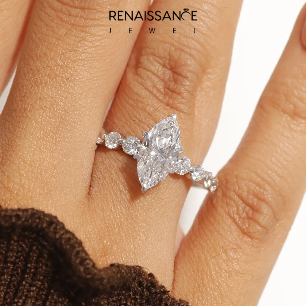 Marquise Cut Solitaire Diamond Ring with Pave Band and Four-Prong Setting Silver