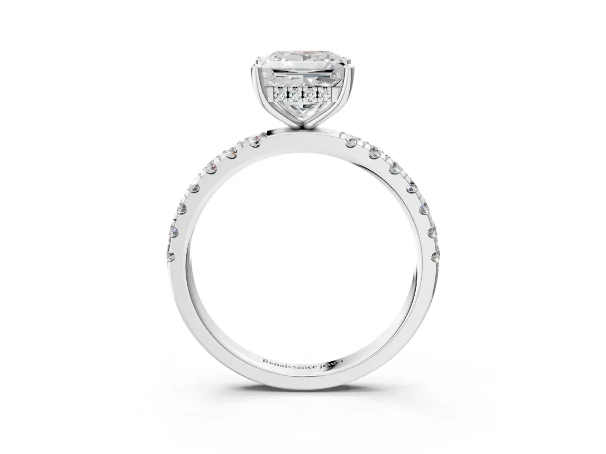 Princess Cut Diamond Pave Band Solitaire Ring with Round Moissanite and Prong Setting Silver
