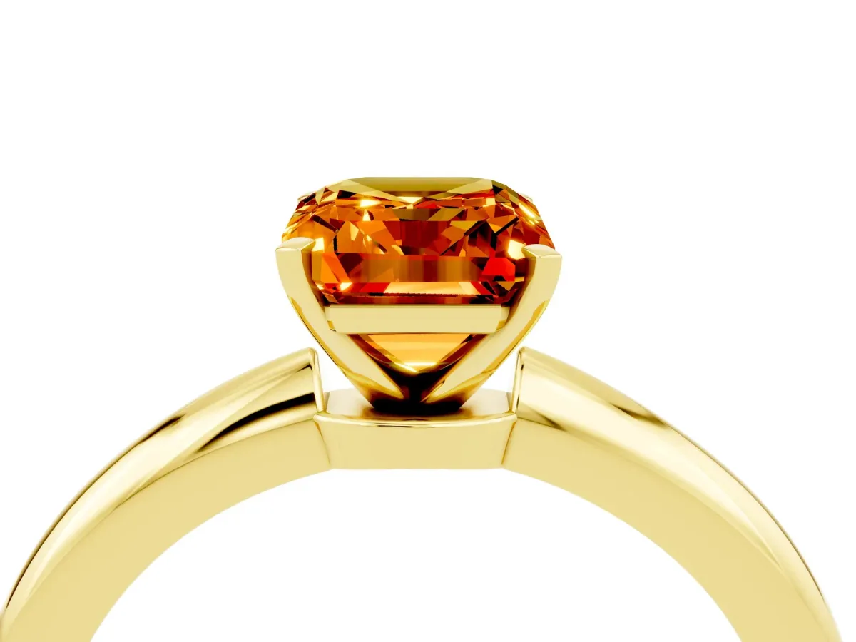 Emerald Cut Citrine Solitaire Ring with Six-Prong Setting and Classic Band Yellow gold