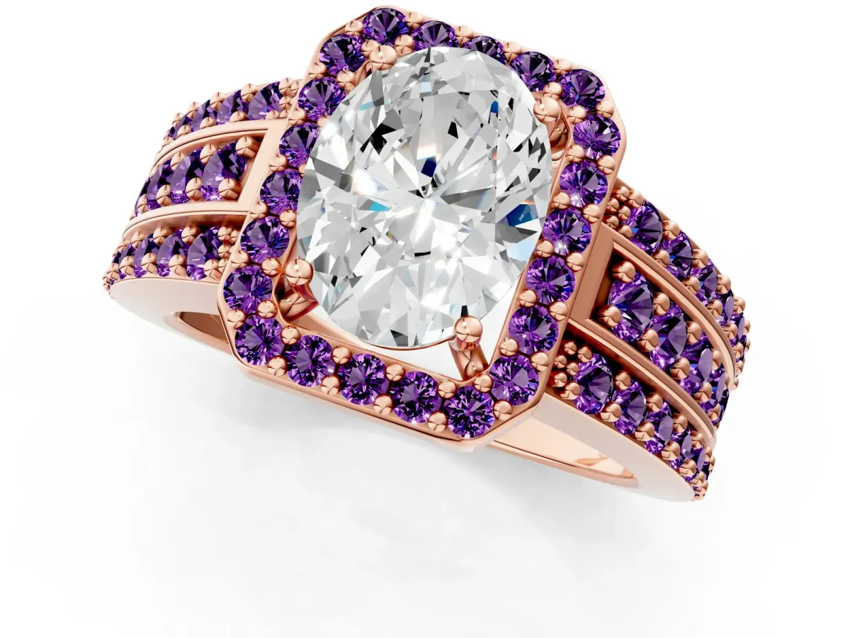 Oval Cut Halo Diamond Ring with Round Amethyst Split Shank and Prong Setting Rose gold