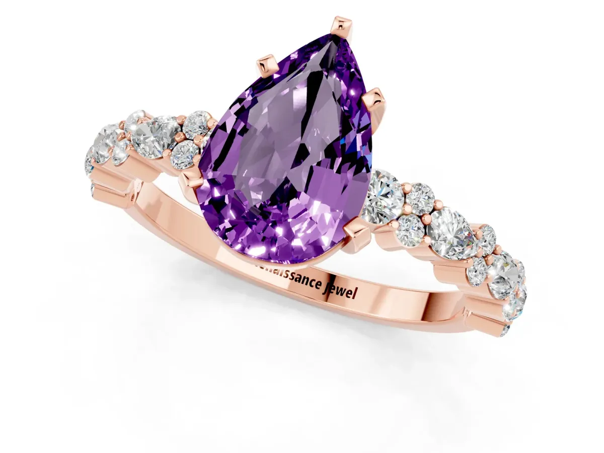 Pear Cut Amethyst Side Stone Solitaire Ring with Round and Four-Prong Setting Rose gold