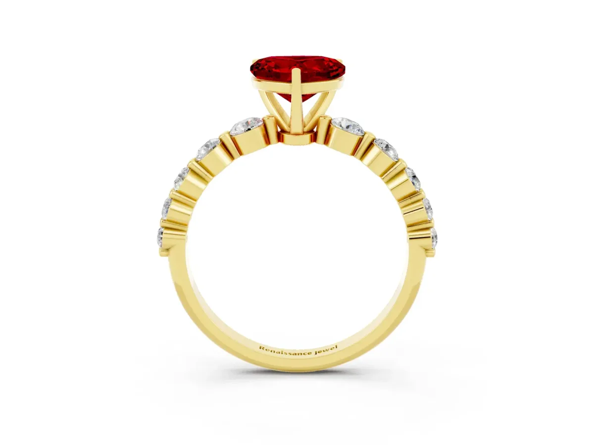 Heart Cut Solitaire Ruby Ring with Pave Band and Four-Prong Setting Yellow gold