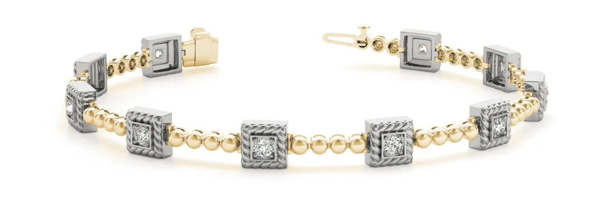 Square Bezel-Set Round Diamond Rope Link Bracelet Yellow gold