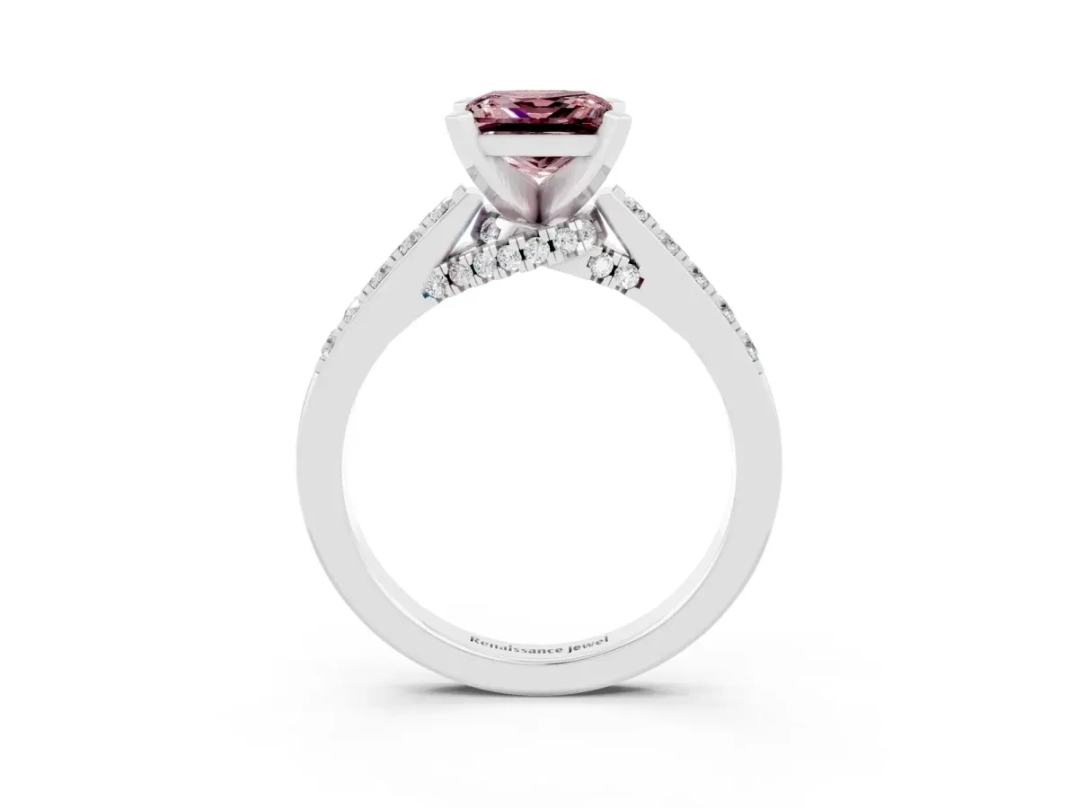 Princess Cut Morganite Solitaire Ring with Crossover Gallery and Round Pavé Band Silver