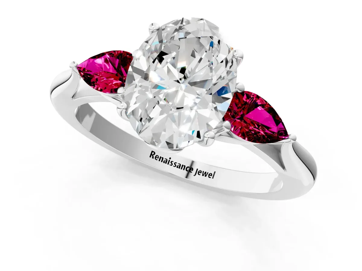 Oval Cut Diamond Three-Stone Ring with Pear Garnet Side Stones and Prong Setting White gold