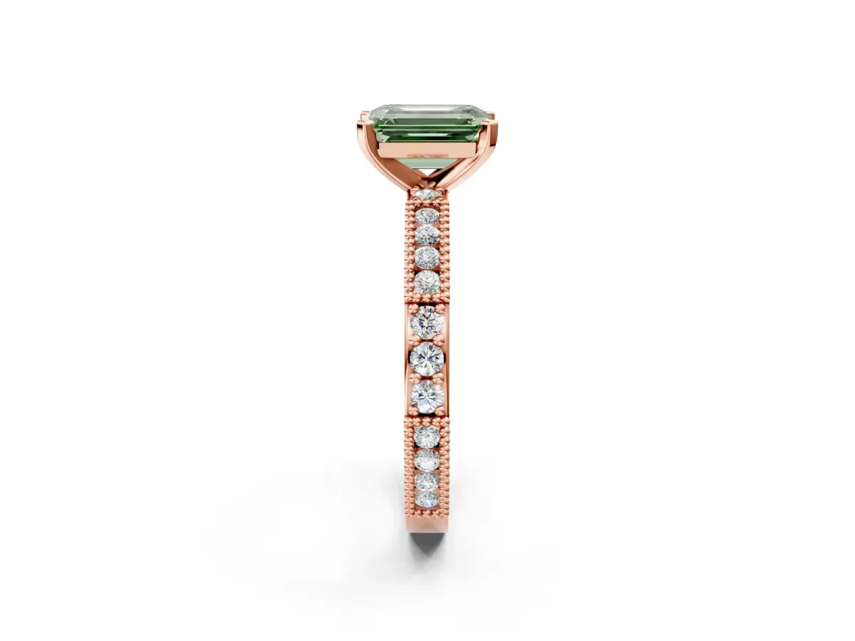 Fancy Green Emerald Cut Solitaire with Pavé Band and Four-Prong Setting Rose gold