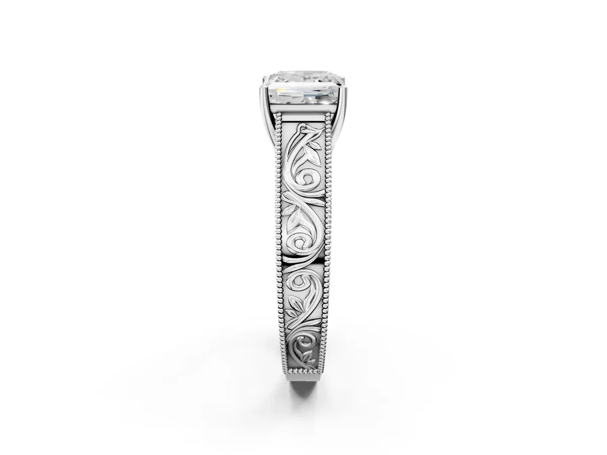 Princess Cut Diamond Solitaire Ring with Engraved Band and Four-Prong Setting White gold