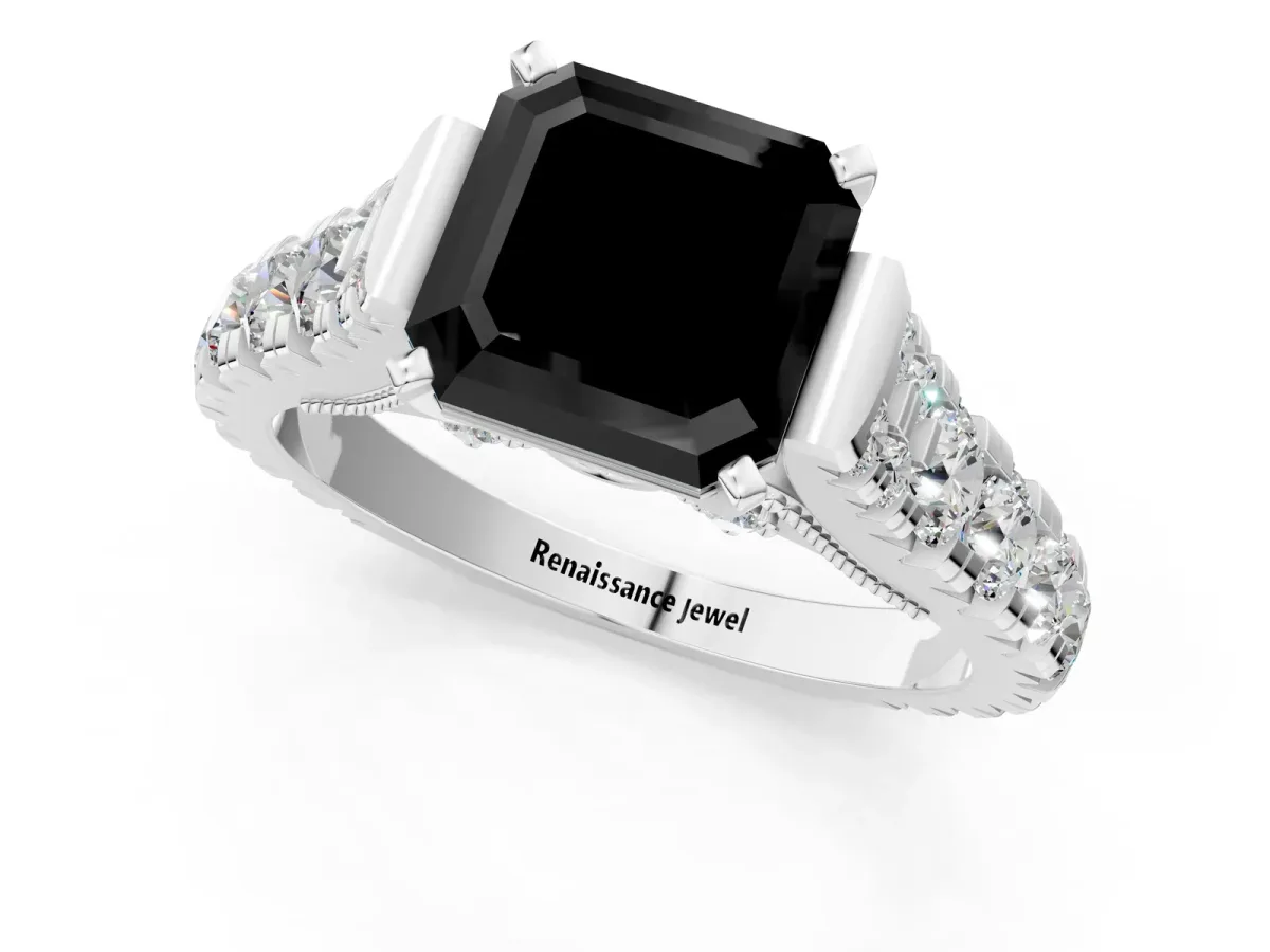 Fancy Black Asscher Cut Diamond Classic Solitaire Ring with Pavé Band and Four-Prong Setting Platinum