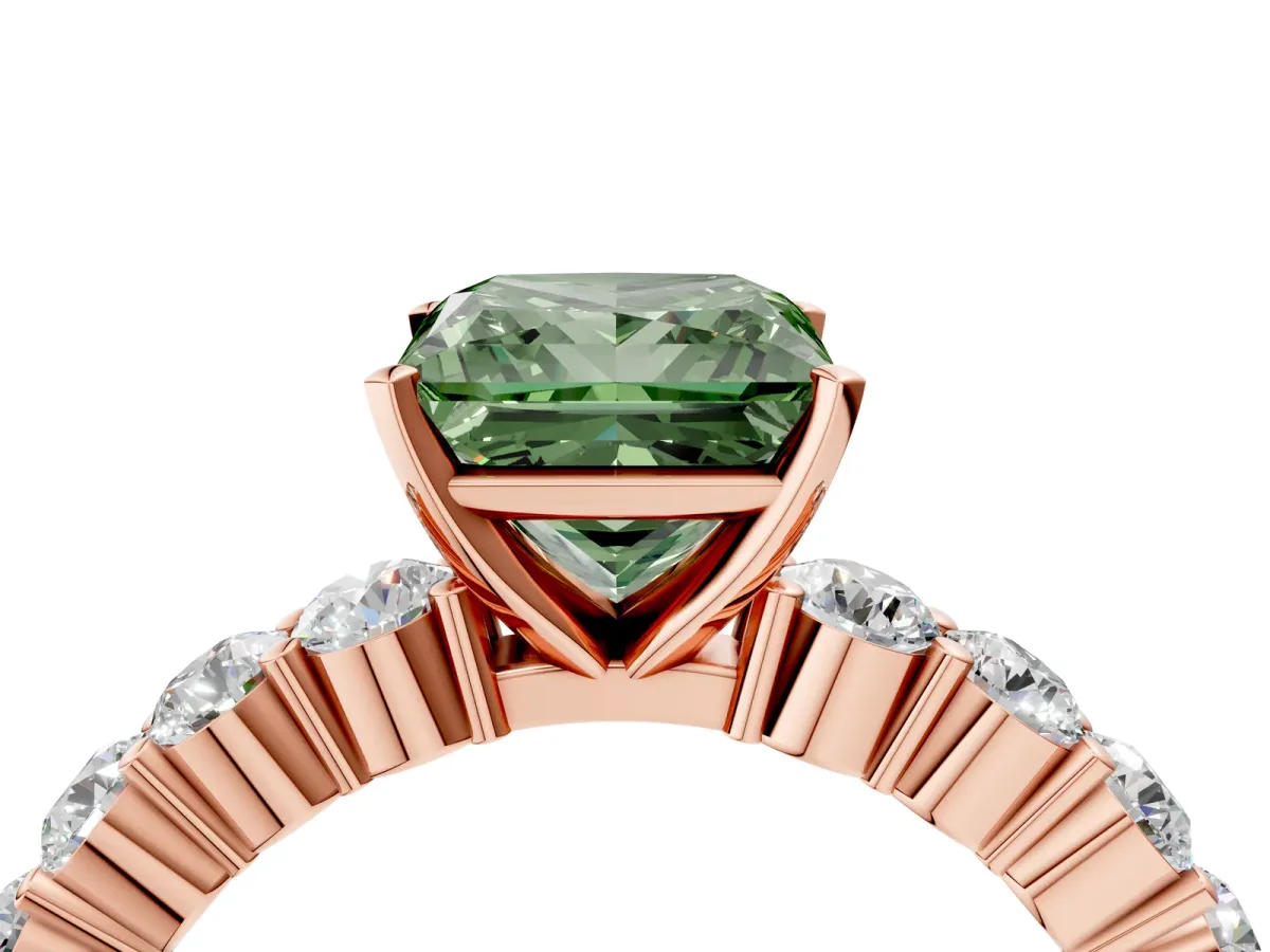 Fancy Green Princess Cut Diamond Solitaire Ring with Shared Prong Round Side Stones Rose gold