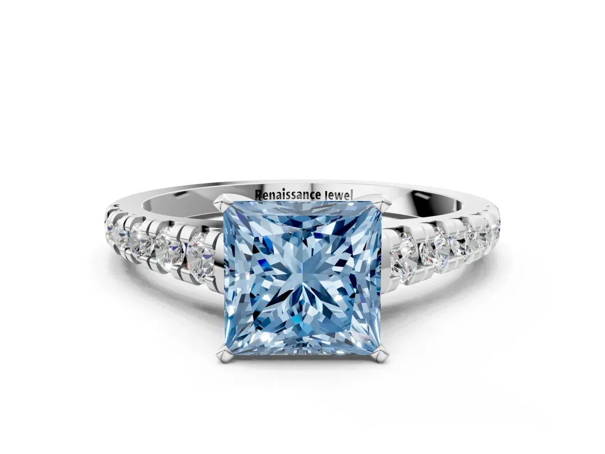 Fancy Blue Princess Cut Diamond Cathedral Solitaire Ring with Round Pavé Band Silver