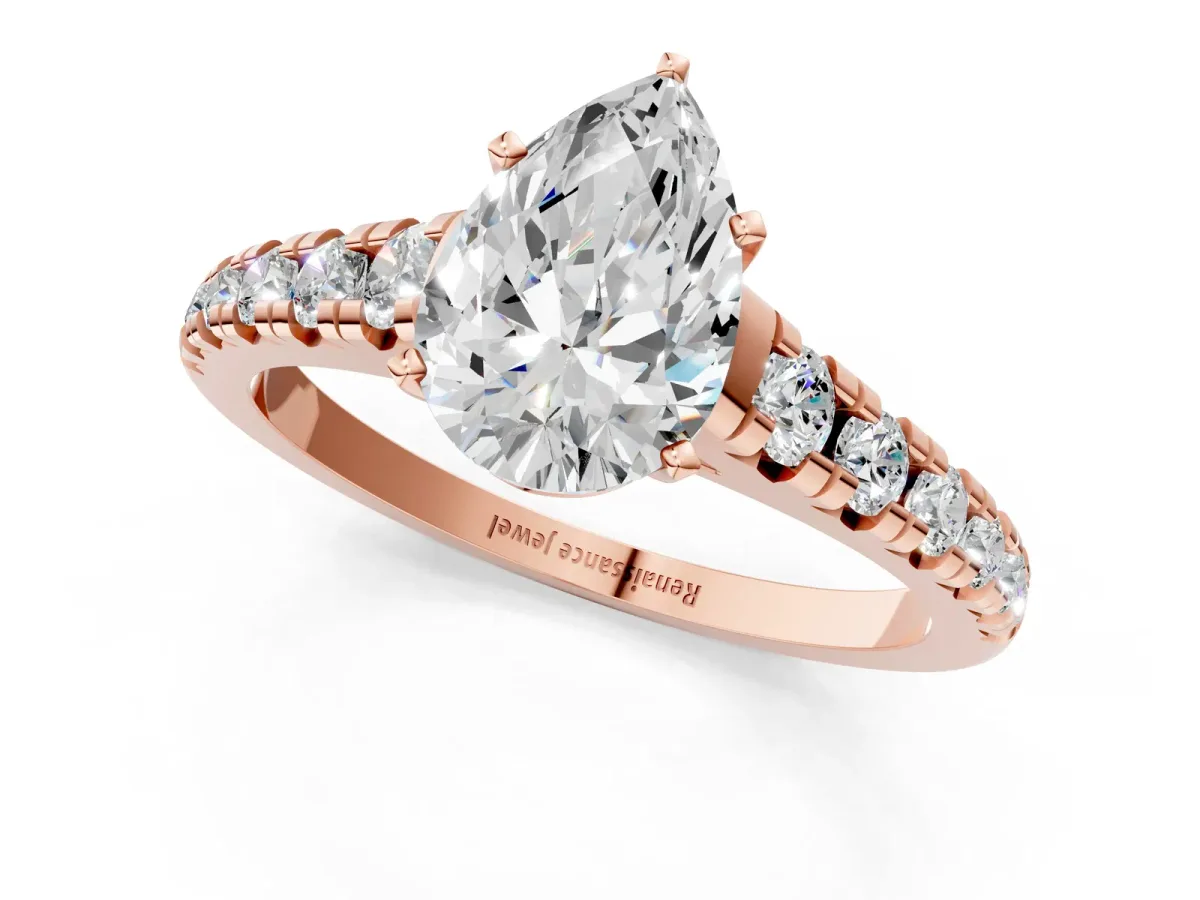 Pear Cut Diamond Cathedral Solitaire Ring with Round Pavé Band Rose gold