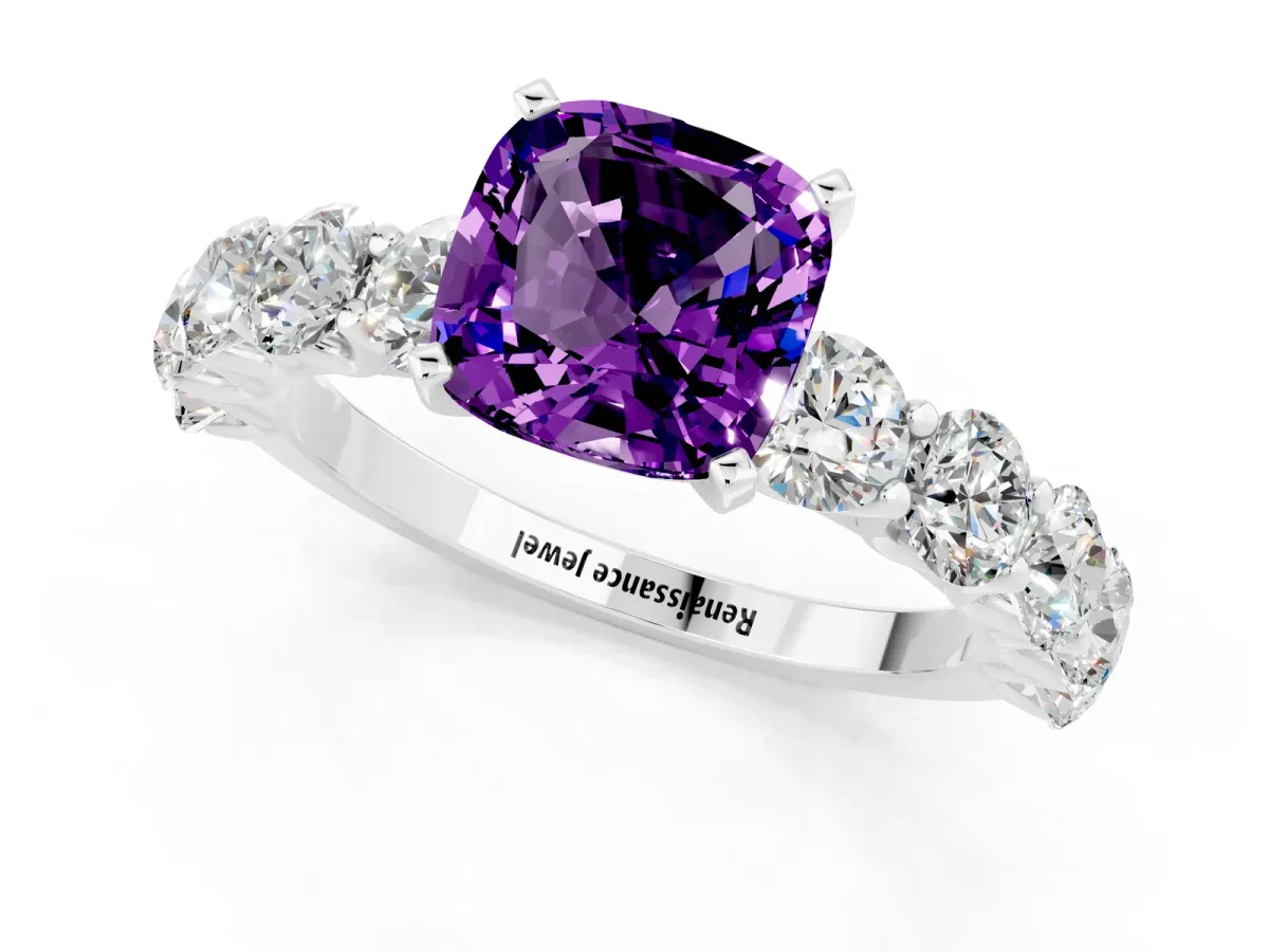 Cushion Cut Amethyst Prong Setting with Side Stones on a Pave Band Platinum