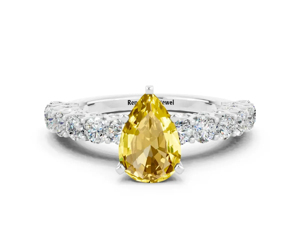 Pear Cut Yellow Sapphire Solitaire Ring with Shared Prong Pavé Band and Four-Prong Setting Silver