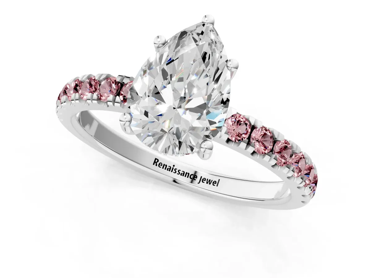 Pear Cut Diamond Pave Band Solitaire Ring with Round Morganite and Prong Setting Platinum