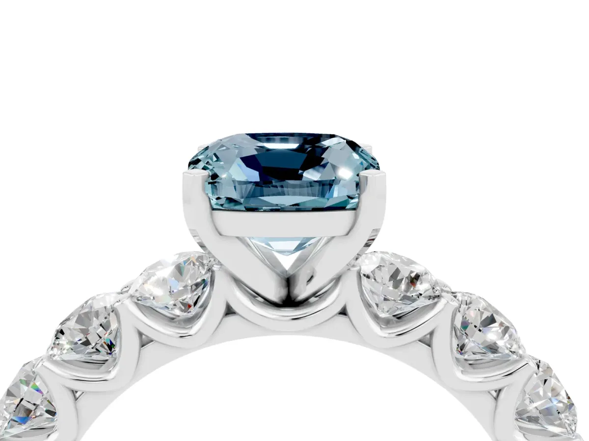 Cushion Cut Aquamarine Prong Setting with Side Stones on a Pave Band Silver