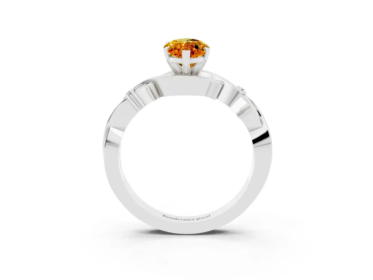 Marquise Cut Citrine Solitaire Ring with Milgrain Pavé Band and Four-Prong Setting Silver