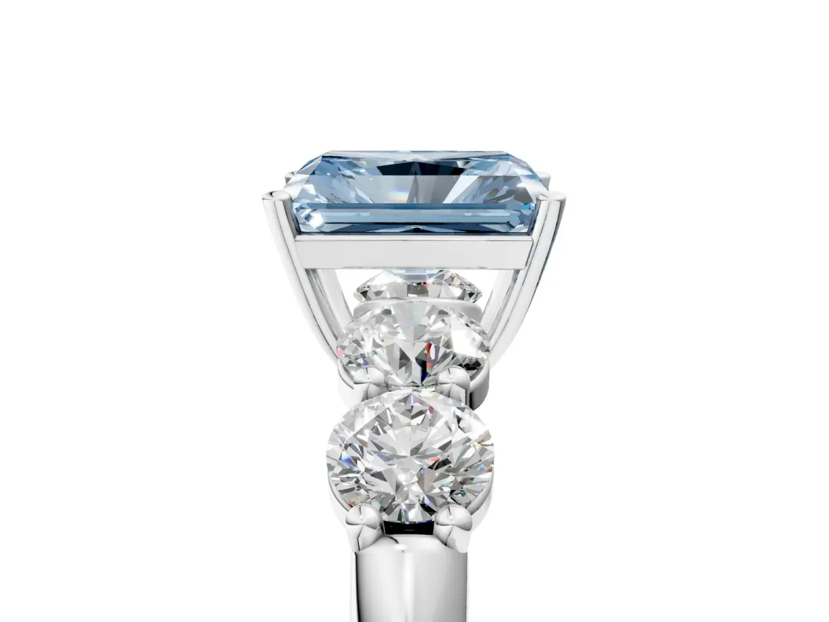 Fancy Blue Radiant Cut Cut Five-Stone Prong Set Diamond Ring with Classic Band Platinum