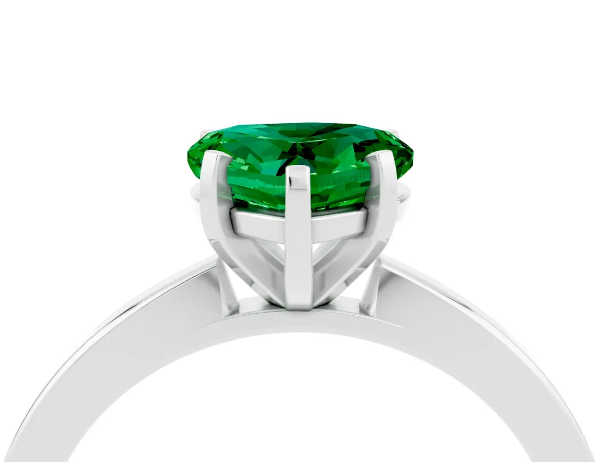 Heart Cut Emerald Solitaire Engagement Ring with Classic Band and Four-Prong Setting Silver