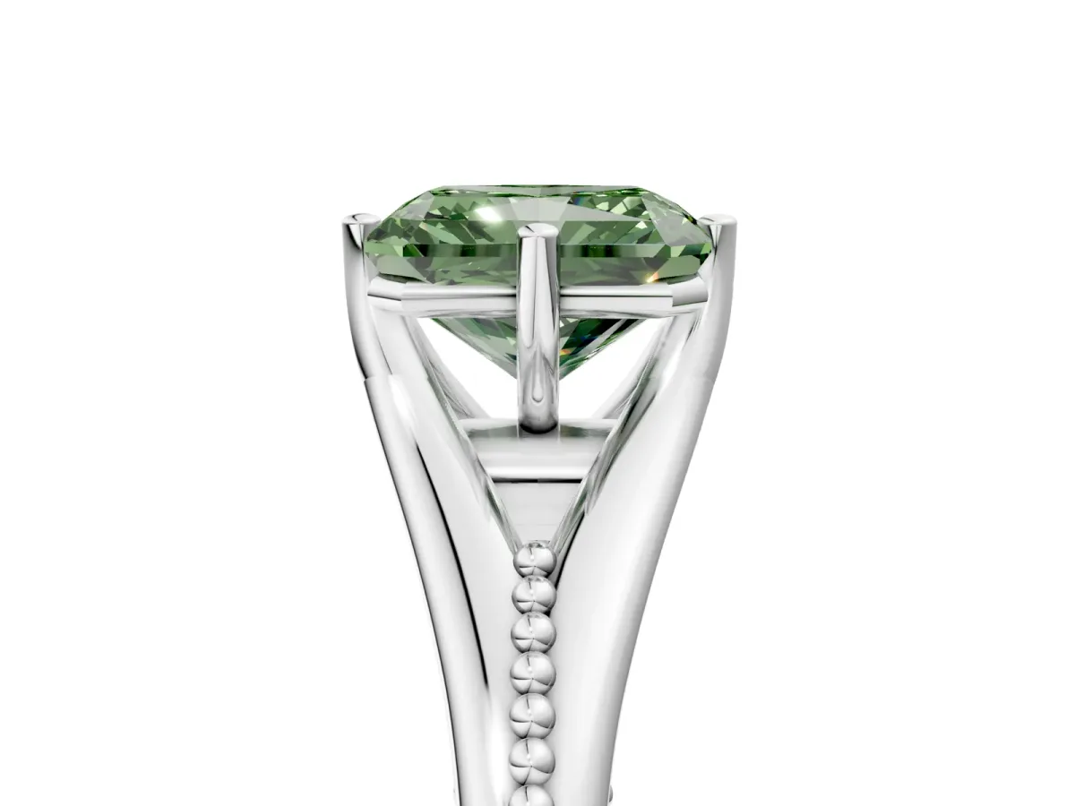 Fancy Green Radiant Cut Solitaire Beaded Band Six-Prong Setting Platinum
