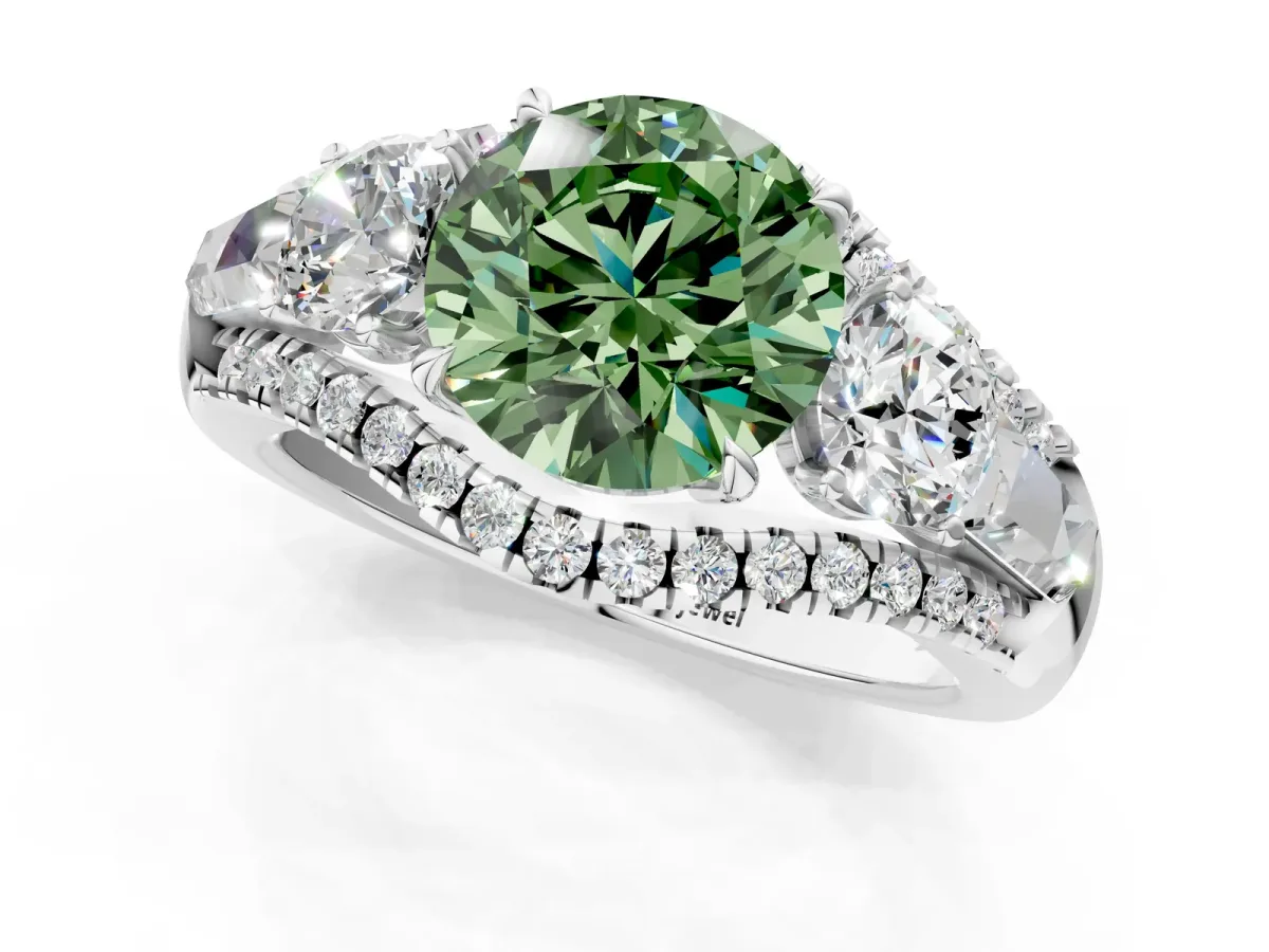 Fancy Green Three-Stone Round Cut Diamond Engagement Ring with Pave Band and Prong Setting Platinum