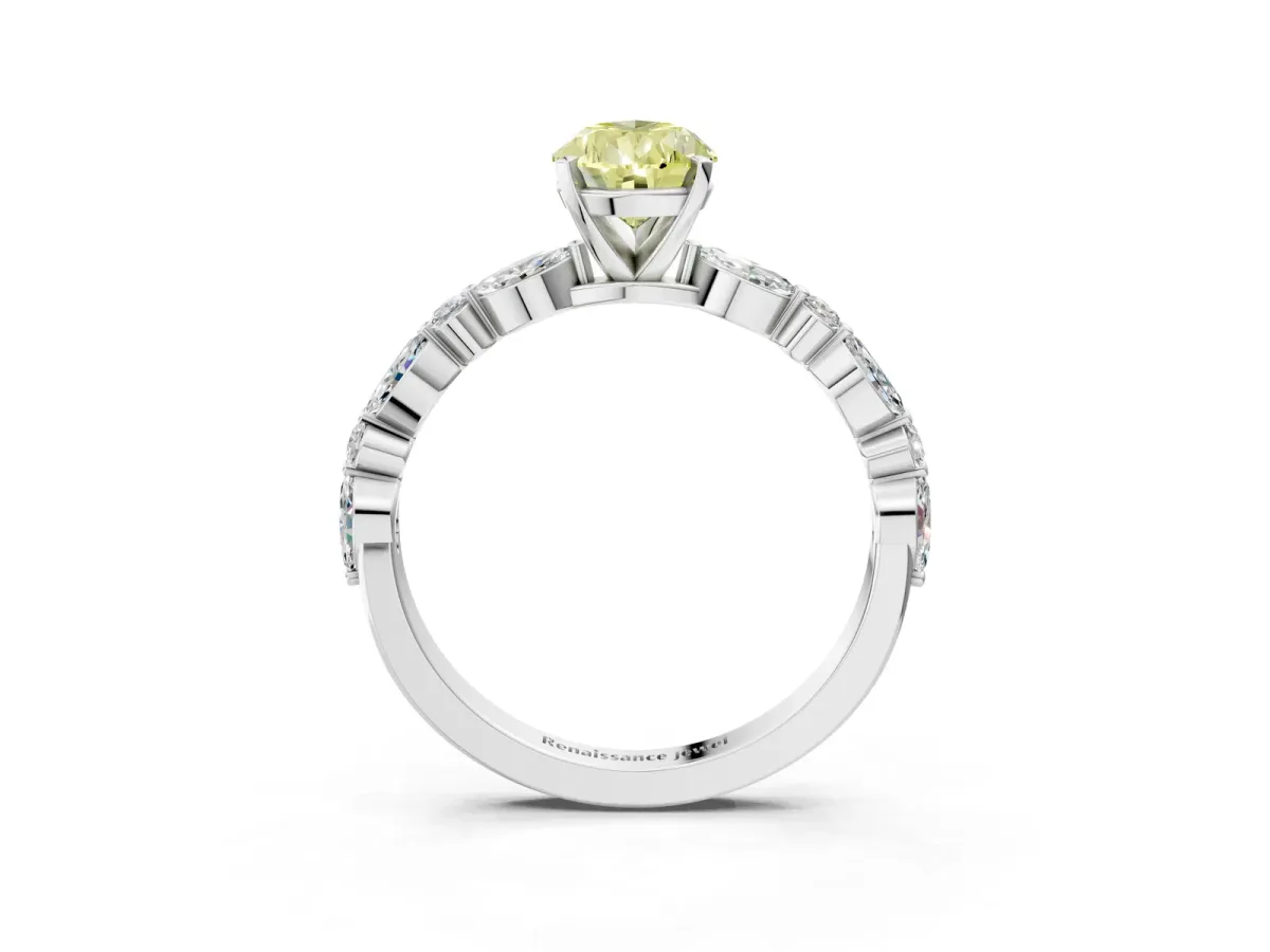 Fancy Yellow Pear Cut Diamond Ring with Marquise and Round Side Stones and Four-Prong Setting Silver