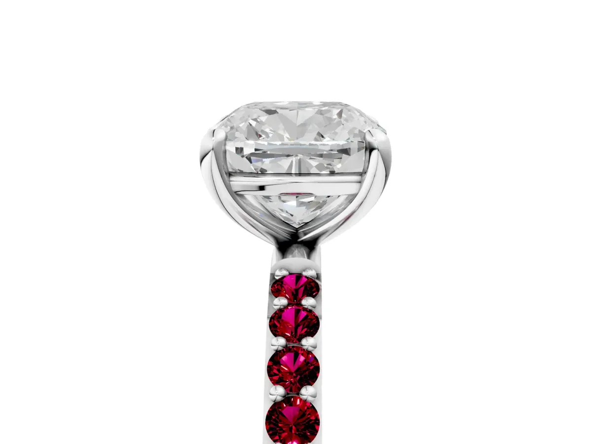 Cushion Cut Diamond Solitaire Ring with Round Garnet Pavé Band and Prong Setting Silver
