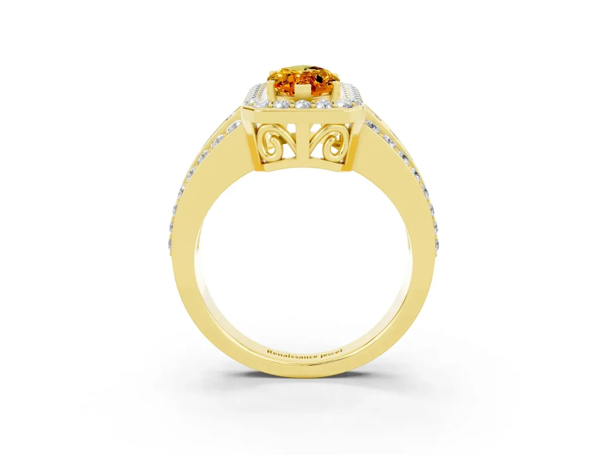 Marquise Cut Halo Citrine Ring with Round Split Shank and Prong Setting Yellow gold