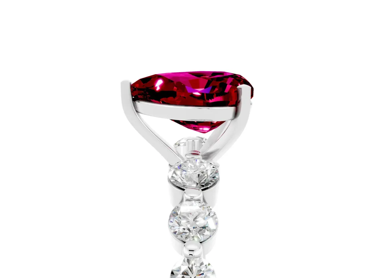Heart Cut Solitaire Garnet Ring with Pave Band and Four-Prong Setting Platinum