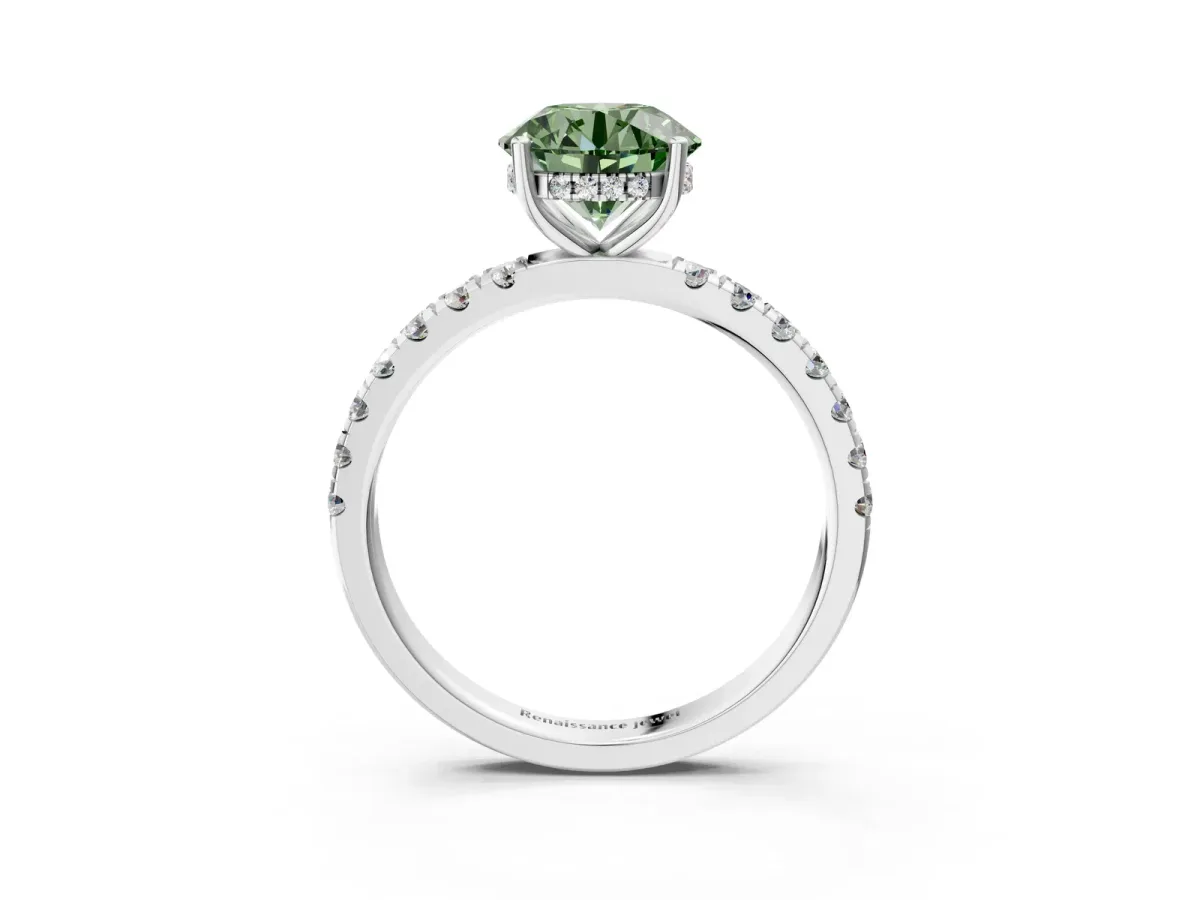 Fancy Green Round Cut Diamond Pave Band Solitaire Ring with Round and Prong Setting Platinum