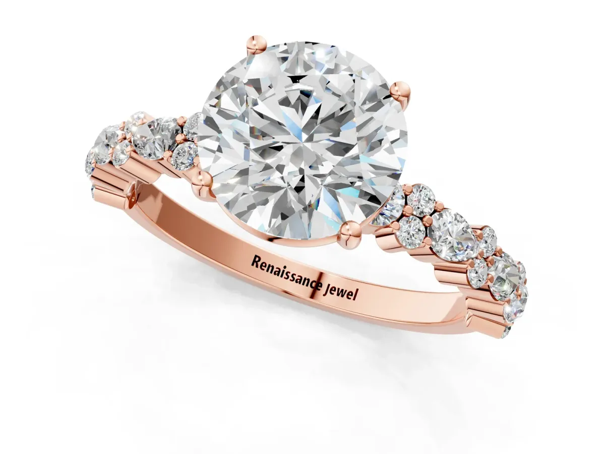 Round Cut Diamond Side Stone Solitaire Ring with Round and Four-Prong Setting Rose gold