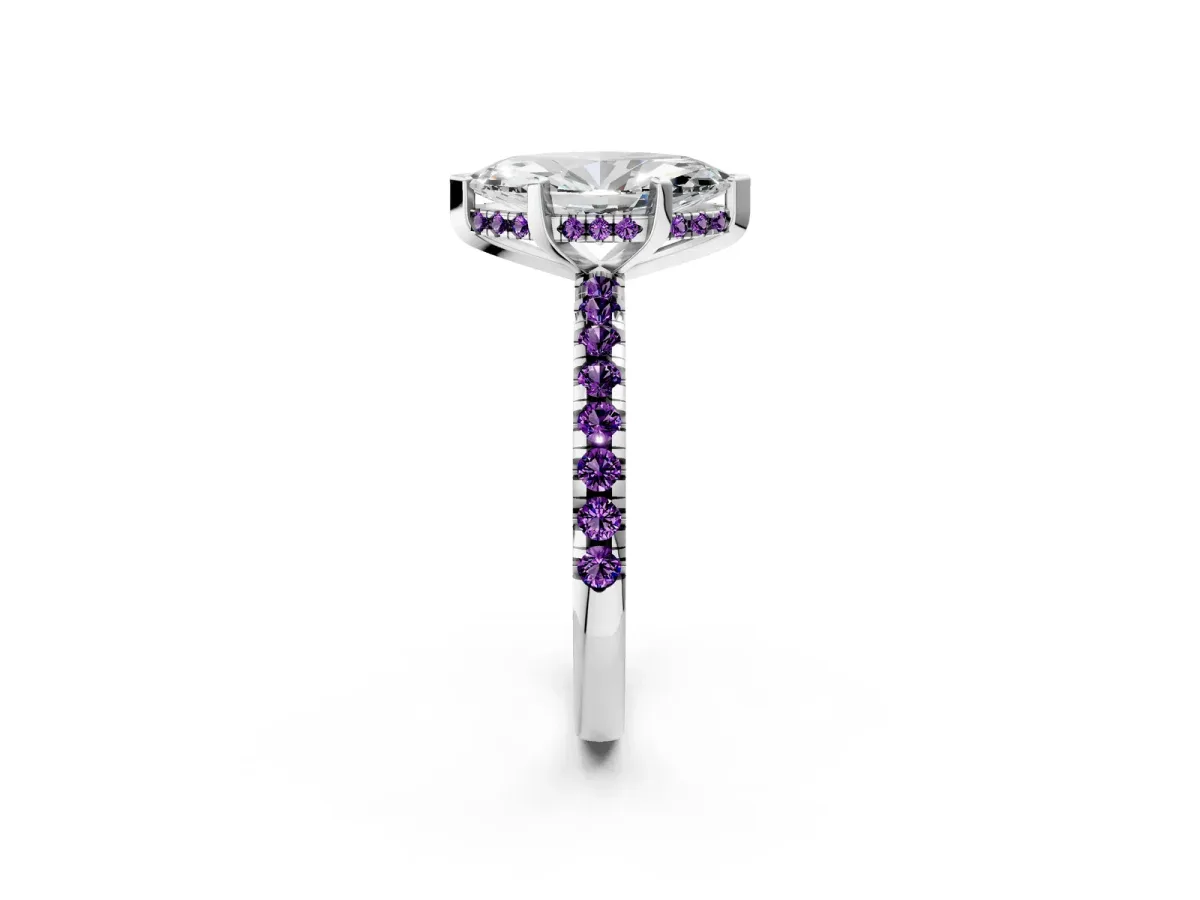 Marquise Cut Diamond Solitaire Ring with Round Amethyst Pavé Band and Four-Prong Setting Silver