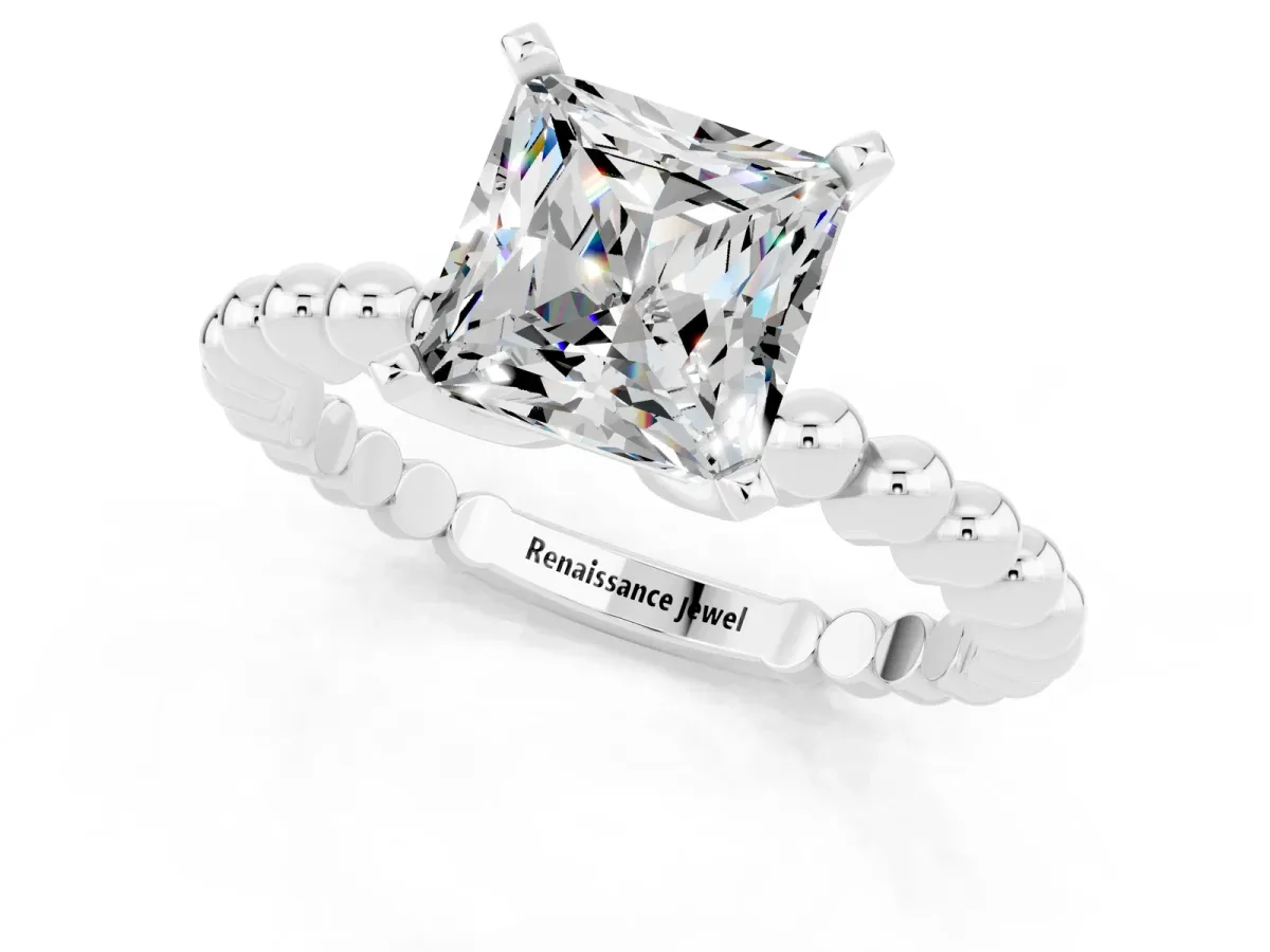 Princess Cut Moissanite Solitaire Ring with Beaded Band and Prong Setting Platinum