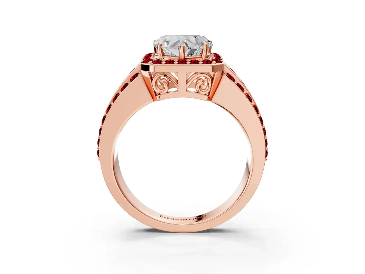Heart Cut Halo Diamond Ring with Round Ruby Split Shank and Prong Setting Rose gold