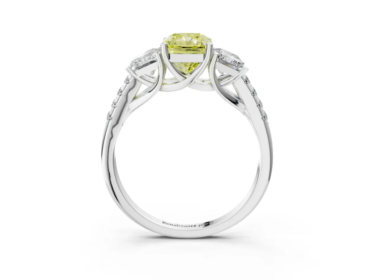 Fancy Yellow Three-Stone Radiant Cut Diamond Ring with Round Pavé Band and Prong Setting Silver