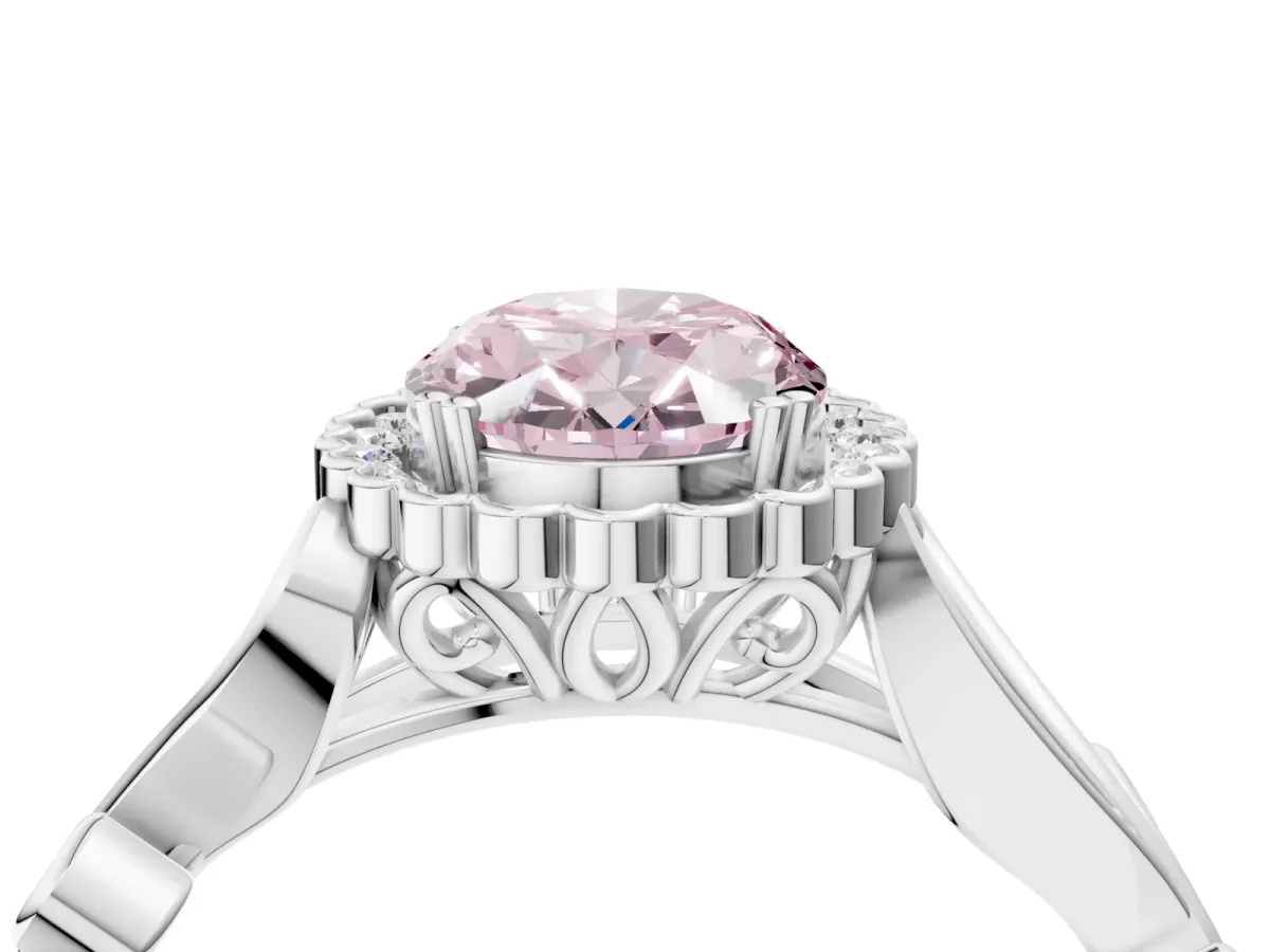 Fancy Pink Oval Cut Diamond Halo Ring with Vintage Split Shank and Four-Prong Setting Silver