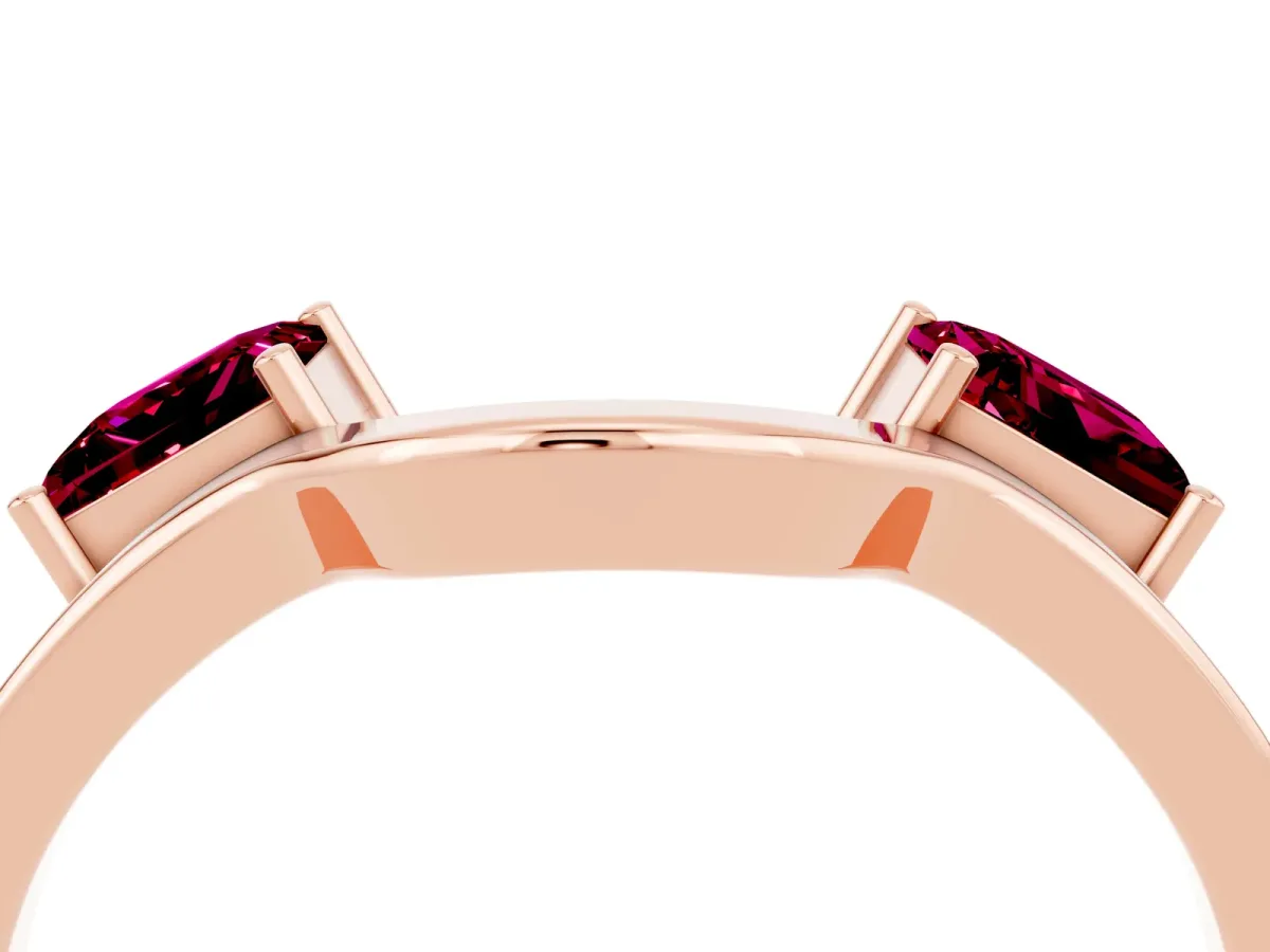 Princess Cut Garnet Two-Stone Open Band Ring with Four-Prong Setting Rose gold