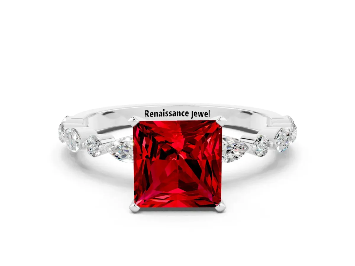 Princess Cut Ruby Ring with Marquise and Round Side Stones and Four-Prong Setting Platinum