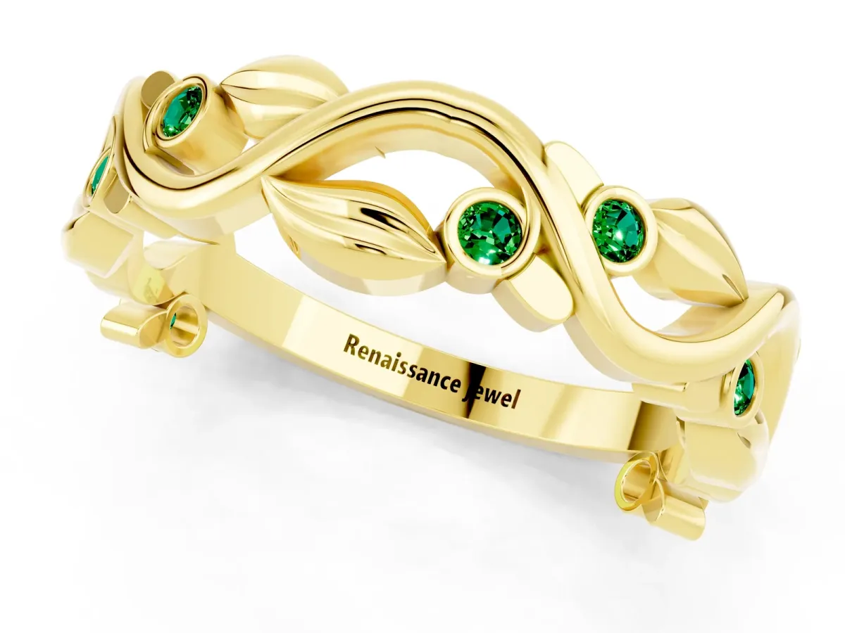 Round Emerald Leaf Eternity Band with Bezel Setting Yellow gold