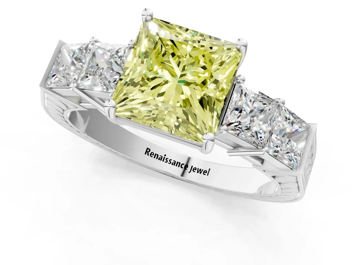 Fancy Yellow Princess Cut Solitaire Princess Side Stone Engraved Band Prong Setting Ring Silver