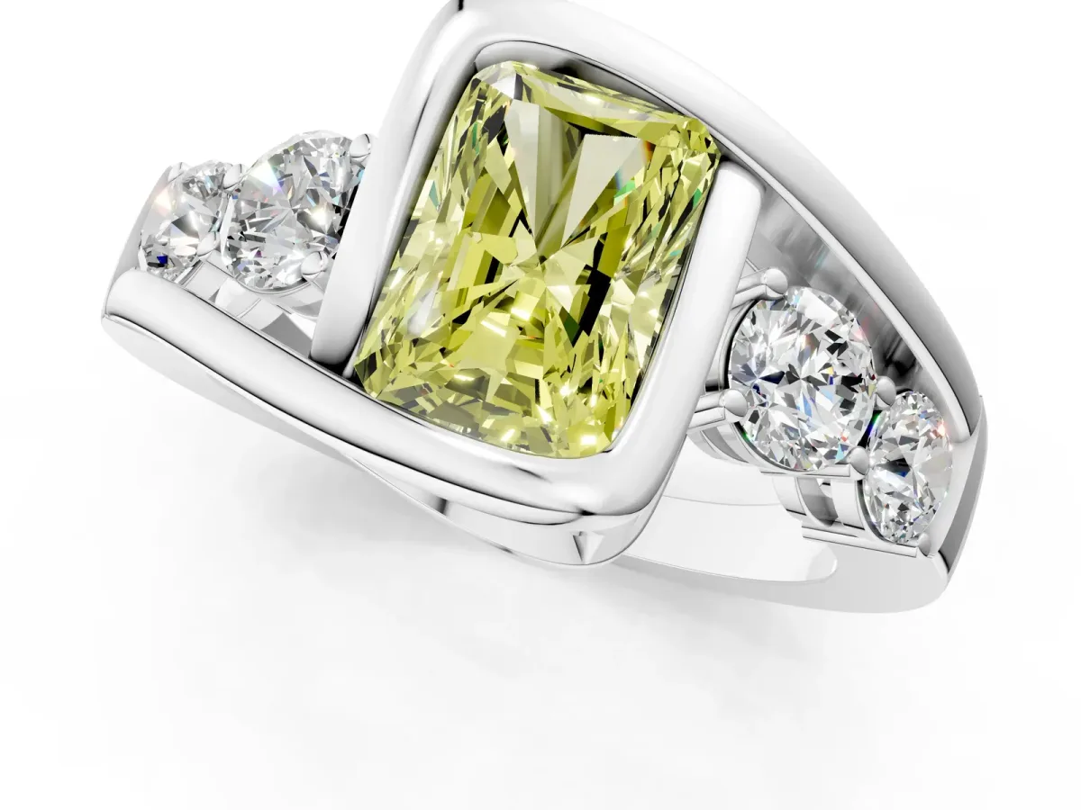 Fancy Yellow Bezel Set Radiant Cut Diamond Bypass Ring with Round Accents Platinum