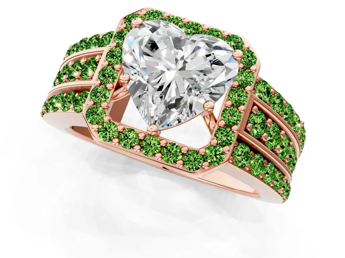 Heart Cut Halo Diamond Ring with Round Peridot Split Shank and Prong Setting Rose gold