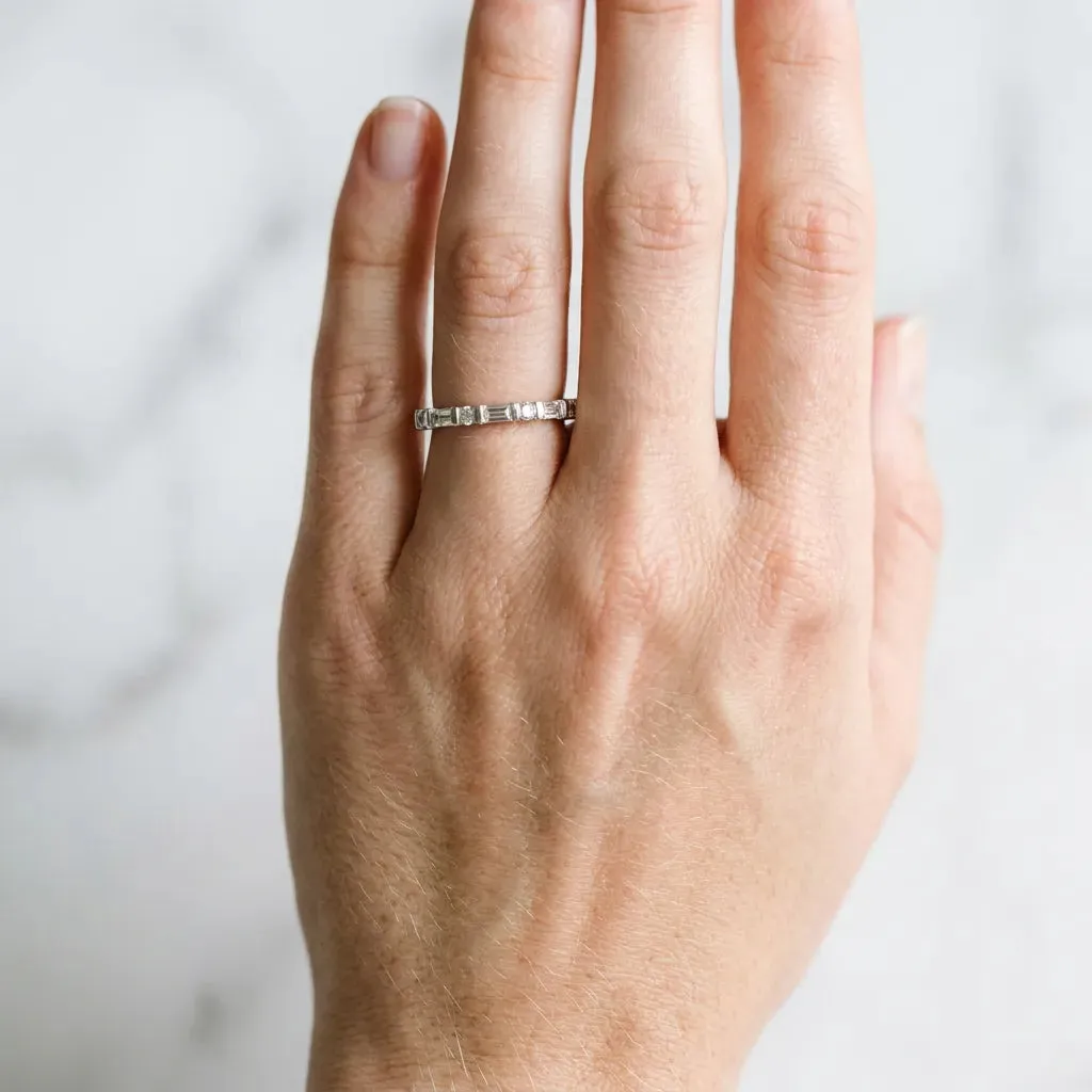 Baguette and Round Diamond Channel Set Half Eternity Band with Bar Prong Setting Silver