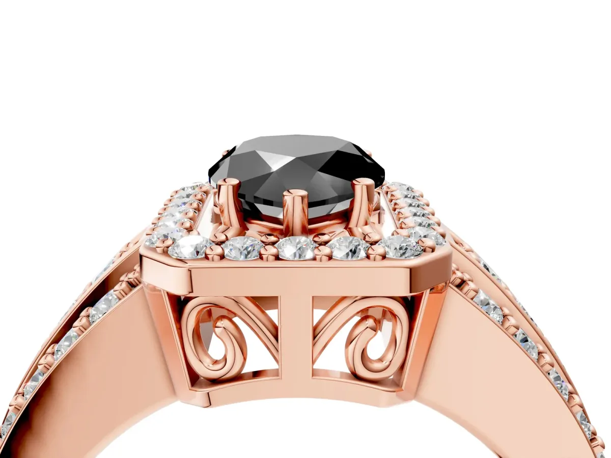 Fancy Black Pear Cut Halo Diamond Ring with Round Split Shank and Prong Setting Rose gold