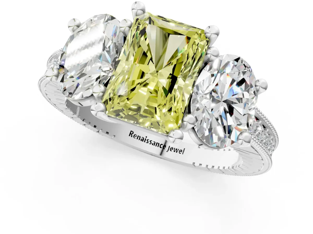 Fancy Yellow Three-Stone Radiant Cut Diamond Milgrain Pave Band with Prong Setting Platinum