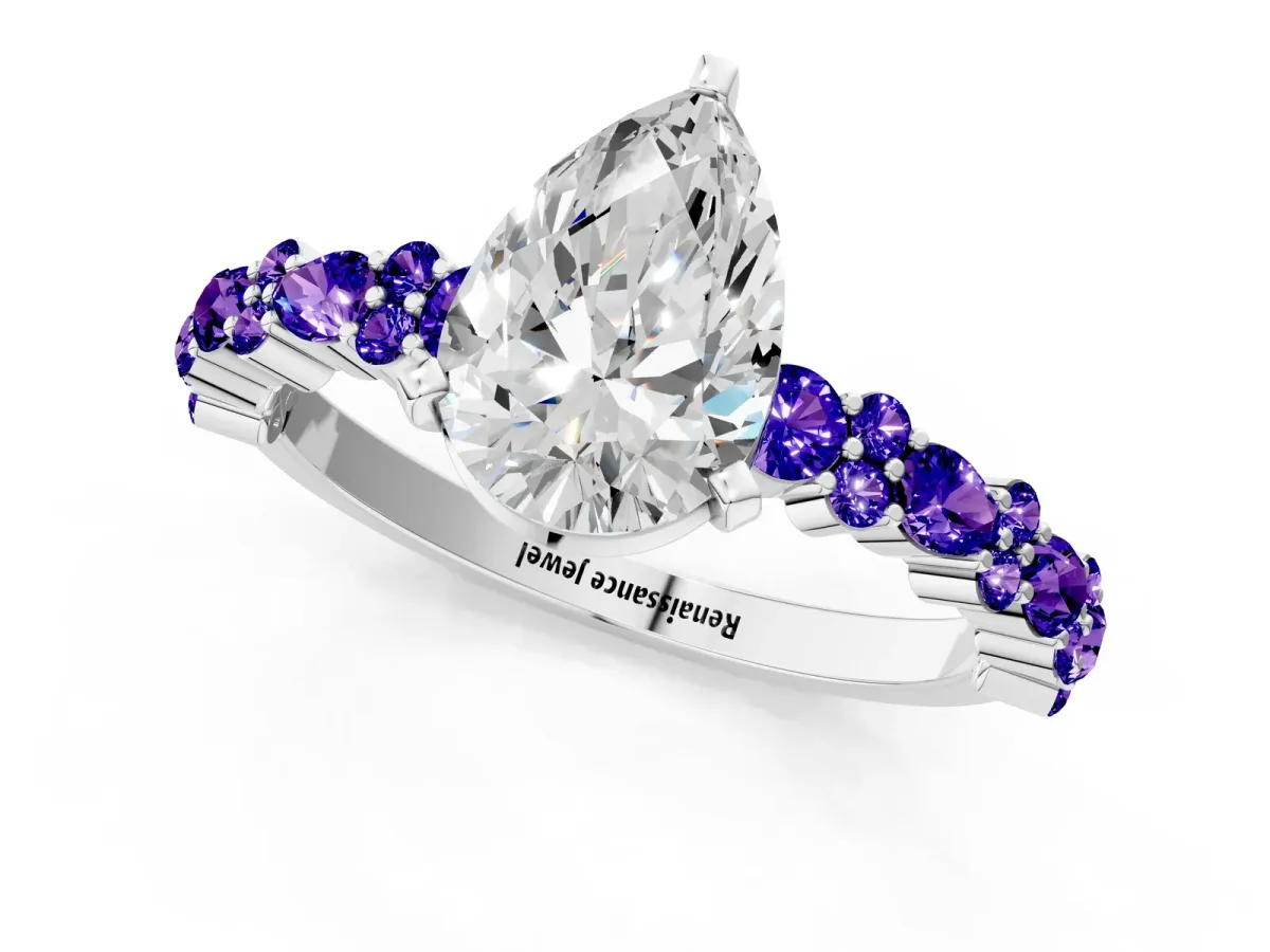 Pear Cut Diamond Side Stone Solitaire Ring with Round Tanzanite and Four-Prong Setting Silver