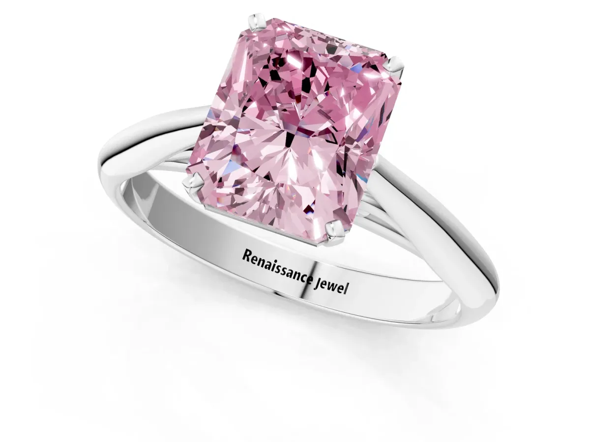 Fancy Pink Radiant Cut Diamond Solitaire Engagement Ring with Cathedral Setting and Four-Prong Mount Silver
