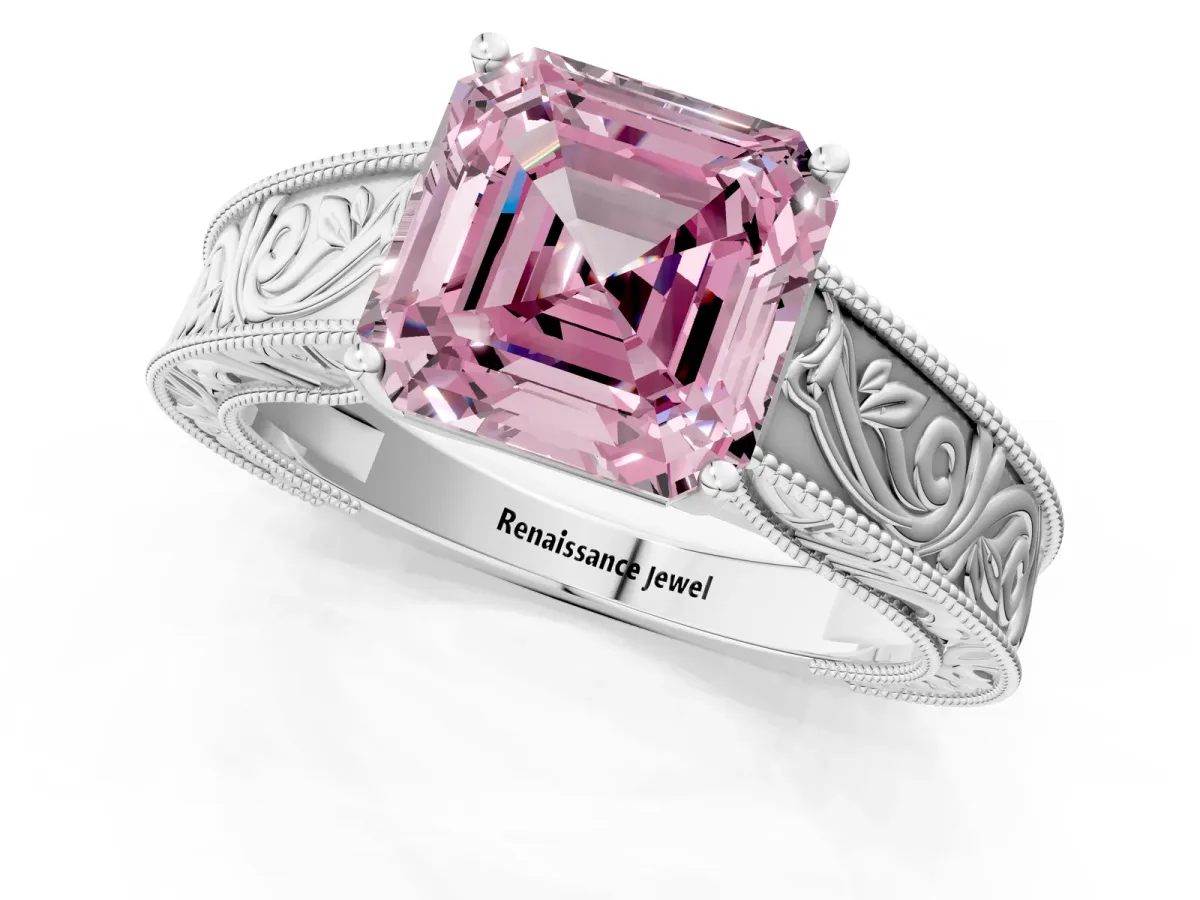 Fancy Pink Asscher Cut Diamond Solitaire Ring with Engraved Band and Four-Prong Setting Platinum